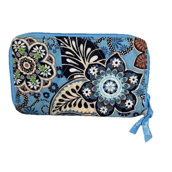 Vera Bradley Bali Blue Zip Around Wallet Organizer Floral 100% Cotton 8" x 5" - Picture 1 of 16